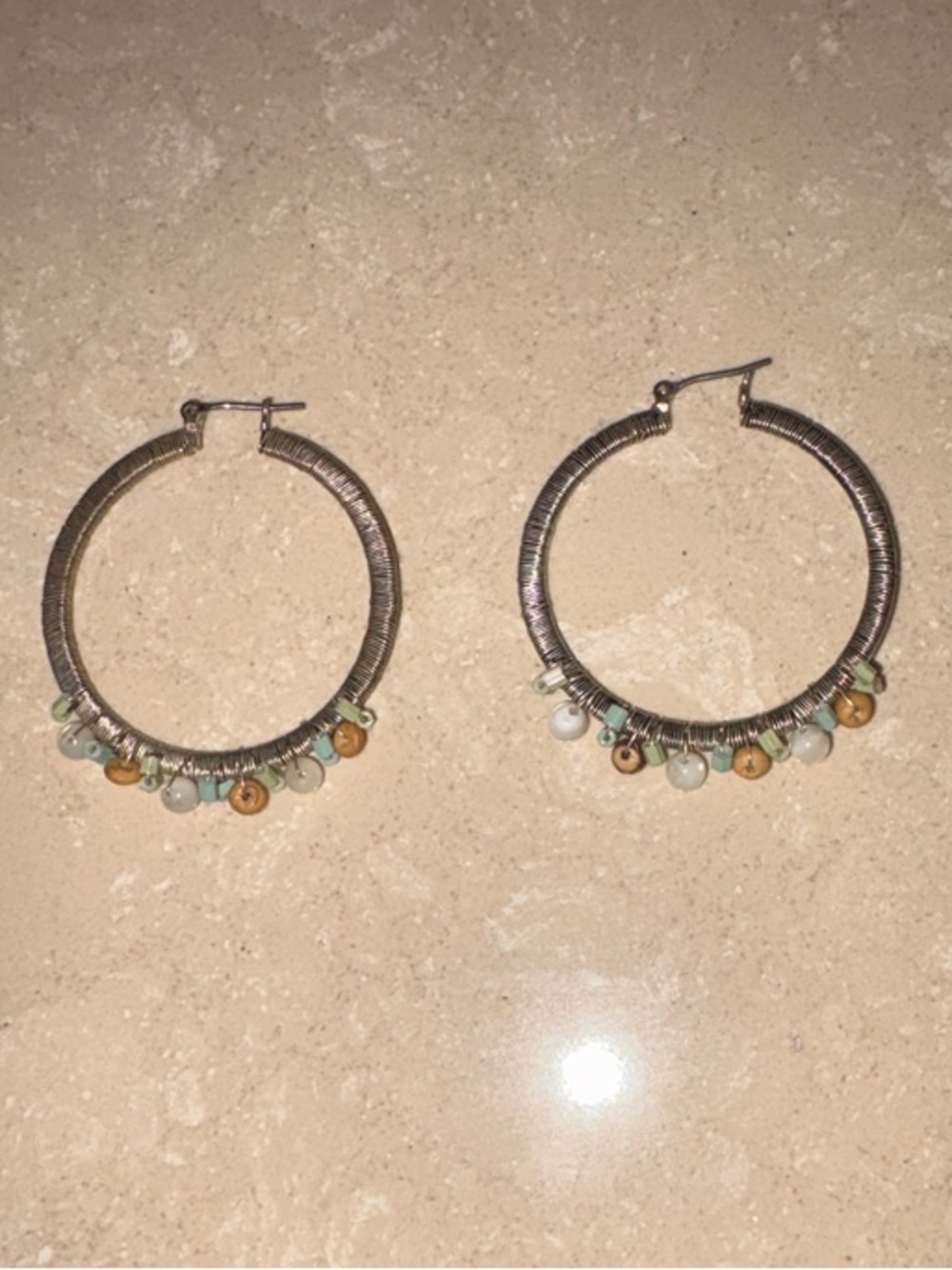 Chico's Silver Hoop Earrings with Mint and Tan Bead Drops